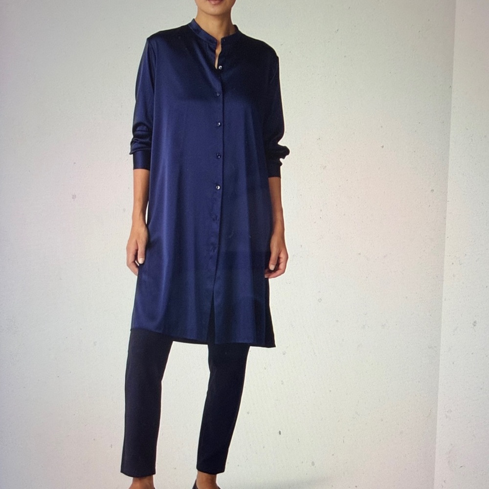 Stretch Silk Charmeuse Band Collar Long Shirt